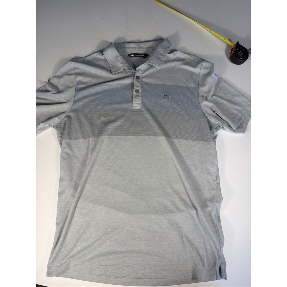 TravisMathew Men's XL Blue Gray Stripe Performance Golf Polo Shirt Short Sleeve